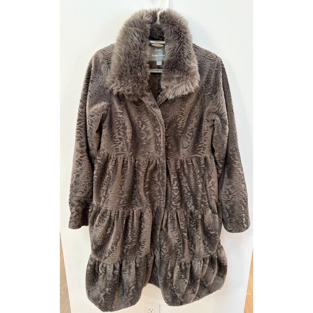 Dennis Basso Platinum Faux Fur Tiered Coat XS Brown Womens Winter Ruffles Formal